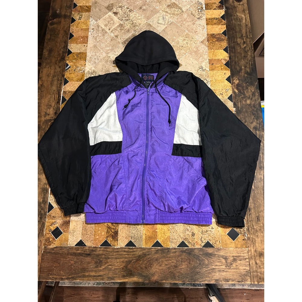 Vintage Roundtree & Yorke Sport Windbreaker Hooded Jacket Purple Black Men Large